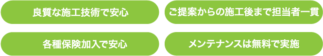 良質な施工技術で安心 お見積もり以外の追加費用一切なし 各種保険加入で安心 ご提案からの施工後まで担当者一貫 メンテナンスは無料で実施 近隣の方にもご挨拶